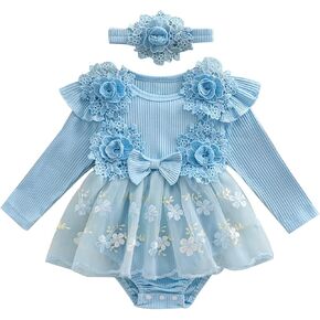 VISGOGO Infant Girl Rompers Dress Lace Ruffles Rib Knit Houndstooth Skirt Hem Jumpsuits Newborn Clothes Bodysuits Headband