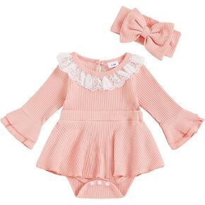 VISGOGO Infant Girl Rompers Dress Lace Ruffles Rib Knit Houndstooth Skirt Hem Jumpsuits Newborn Clothes Bodysuits Headband in Kuwait
