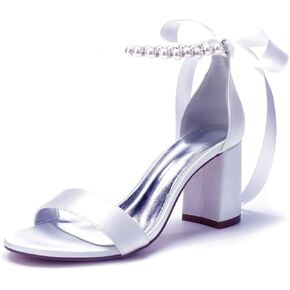 Pearl Wedding Shoes for Bride Block Heel Wedding Sandals Open Toe Bridal Shoes Pearl Heels