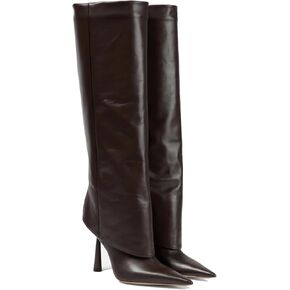 THESHY Women's Pointed Toe Leather Knee High Boots Stiletto High Heel Fold Over Boot Pull-on Shoes