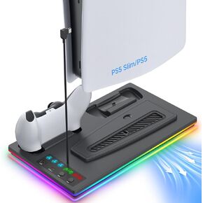 PS5 Cooling Station, PS5 Slim Stand Vertical with RGB LED, Dual Controller Charging Station for PS5