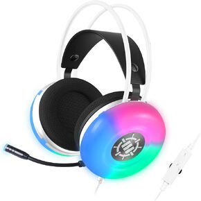 ENHANCE Theorem 3 White Headphones - PC Gaming Headset with Built-In Bass Resonators, 2.0 Stereo Sound, Color-Changing LEDs, 50mm Drivers - Gaming Headphones with In-Line Controller, Includes Splitter