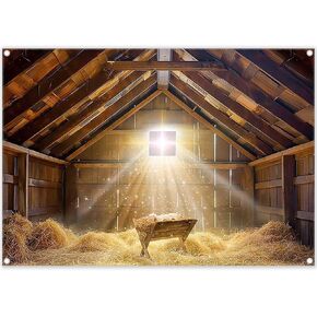 7x5ft Fabric Christmas Manger Scene Backdrop Birth of Jesus Nativity Holy Family Photography Background Barn Stable Christian Party Decor Photo Props