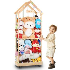 Stuffed Animal Storage Zoo Storage Wood DIY Toy Organizer w/360° Swivel Wheels for All Kinds of Stuffed Toy Animal Storage Cage w/Colorful Elastic Ropes and String Lights for Playroom Bedroom Nursery