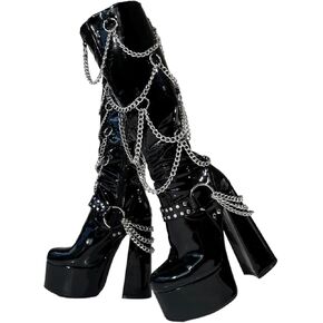 Frankie Hsu Goth Sexy Chunky Platform Knee High Heeled Boots, Black Patent Silver Multi Chain Rivets Buckle Gothic, Punk Y2K Hot Girl Big Large Size Wide Calf Shoes For Women Men