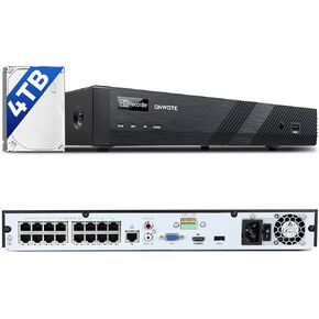 ONWOTE 16 Channel PoE NVR with 4TB Hard Drive, 16CH 12MP/ 4K 8MP/ 6MP/ 5MP Input, 16CH NVR Security Video Audio Recorder, 2 Storage Bays Support 20TB, 16CH Synchronous Playback, 4K HDMI Output