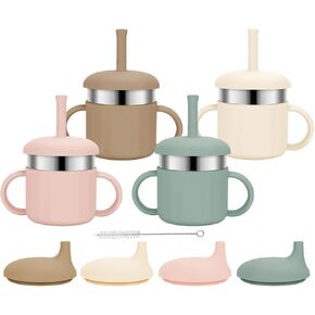 Baby Sippy Cups, 7.4 Oz Baby Cups, 3 Stages Training Cup, Straw Cup for Infants Toddlers and Kid 6-18 Month, Stainless Steel Kid Cups with Silicone Straws, 4 Colors