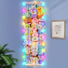 FIOBEE Stuffed Animals Storage Organizer with LED Light Corner Hanging Stuffed Animals Zoo Cage with Adjustable Height Wood Nursery Plushie Toys Storage for Kids Playroom Bedroom Wall Decor Rainbow