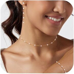 Gold Jewelry Set for Women Dainty 14K Gold Plated Pearl Choker Necklace for Women Pearl Necklace and Earring Set Pearl Drop Earrings Pearl Bracelets Wedding Pearl Jewelry Gift