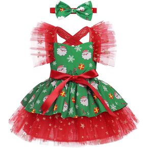 Baby Girls Tulle Tutu Romper Dress Sleeveless Sequin Santa Christmas Xmas Holiday Party Dress with Headwear 2pcs