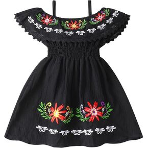 Mexican Dress for Baby Girls Traditional Cinco de Mayo Fiesta Dress Off-Shoulder Floral Embroidered Dress