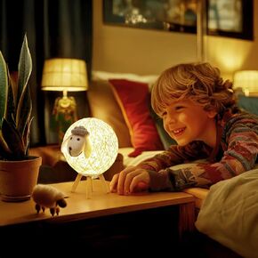 Sitteden Led Lights for Bedroom Night Light Cute Little Sheep Birthday Gifts for Girls Boys Baby Kids, Dimmable Rattan Table Lamp for Bedside Desk Home Décor (Grey)