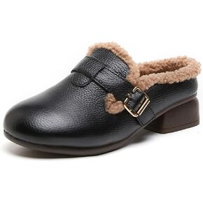Women's Slip On Block Low Heel Round Toe Leather Mules Winter Faux Fleece Dress Shoes