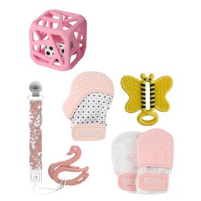 Malarkey Kids 5-Pack Gift Set - Featuring Munch Mini, Munch Mitt, Baby Chew Cube, Teether Tether, Toothbrush Teething Bundle - Ideal for Boys & Girls - Pastel Peace, (Ages 3+ Months)
