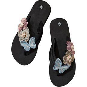 OYOANGLE Women's Pearl Floral Appliques Platform Flip Flops Fashionable Lightweight Wedge Thong Sandals
