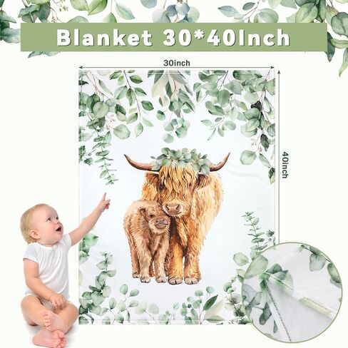 Baby Highland Cow Crib Bedding Set 3 Pcs Eucalyptus Leaf Highland Cow Baby Blanket, Sheet, Pillowcase Soft Flannel Nursery Bedding for Standard Crib and Toddler Mattress Newborns Gifts in Saudi Arabia