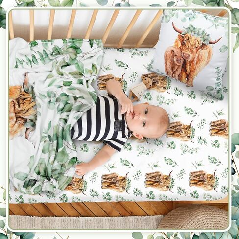 Baby Highland Cow Crib Bedding Set 3 Pcs Eucalyptus Leaf Highland Cow Baby Blanket, Sheet, Pillowcase Soft Flannel Nursery Bedding for Standard Crib and Toddler Mattress Newborns Gifts in Saudi Arabia