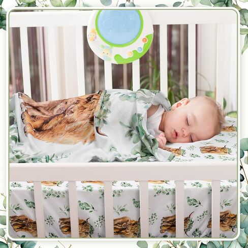 Baby Highland Cow Crib Bedding Set 3 Pcs Eucalyptus Leaf Highland Cow Baby Blanket, Sheet, Pillowcase Soft Flannel Nursery Bedding for Standard Crib and Toddler Mattress Newborns Gifts in Saudi Arabia