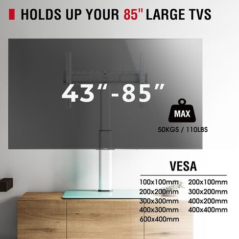 Universal Swivel TV Stand Table Top Stand for 43 to 85 inch TVs 50 Degree Swivel, 8 Level Height Adjustable with Tilting, Heavy Duty Tempered Glass Base, Holds up 132lbs, MAX VESA 400x600mm in Saudi Arabia