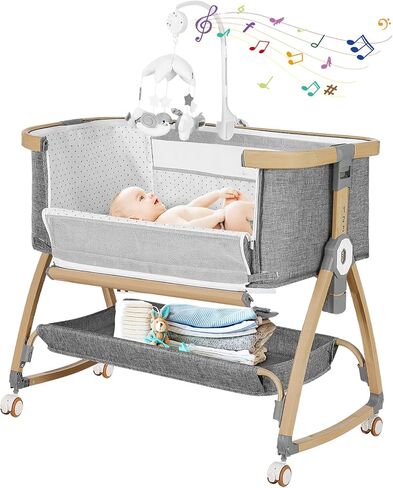 Baby Bassinets Bedside Sleeper,3 in 1 Bedside Bassinet for Baby,Rocking Bassinet for Baby with Mattress,Mobile,Mosquito Net,Storage Basket,Height Adjustable Bassinet with Wheels for Newborn Infants in Saudi Arabia