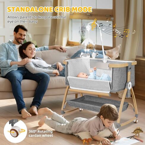 Baby Bassinets Bedside Sleeper,3 in 1 Bedside Bassinet for Baby,Rocking Bassinet for Baby with Mattress,Mobile,Mosquito Net,Storage Basket,Height Adjustable Bassinet with Wheels for Newborn Infants in Saudi Arabia
