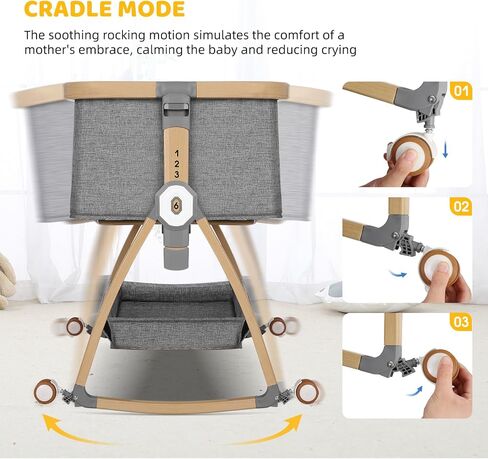Baby Bassinets Bedside Sleeper,3 in 1 Bedside Bassinet for Baby,Rocking Bassinet for Baby with Mattress,Mobile,Mosquito Net,Storage Basket,Height Adjustable Bassinet with Wheels for Newborn Infants in Saudi Arabia