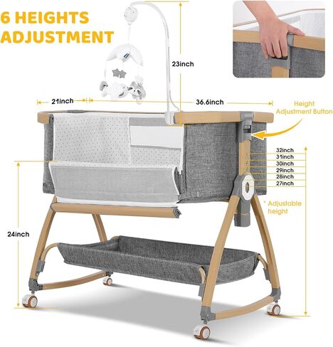 Baby Bassinets Bedside Sleeper,3 in 1 Bedside Bassinet for Baby,Rocking Bassinet for Baby with Mattress,Mobile,Mosquito Net,Storage Basket,Height Adjustable Bassinet with Wheels for Newborn Infants in Saudi Arabia