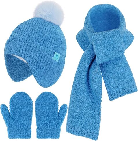 Toddler Kids Winter Hats Mittens Gloves Scarf Warm Ear Flaps Baby Beanie for 0-6 12 Months 1 2 3 4 Year Old Girls Boys Gifts in Saudi Arabia
