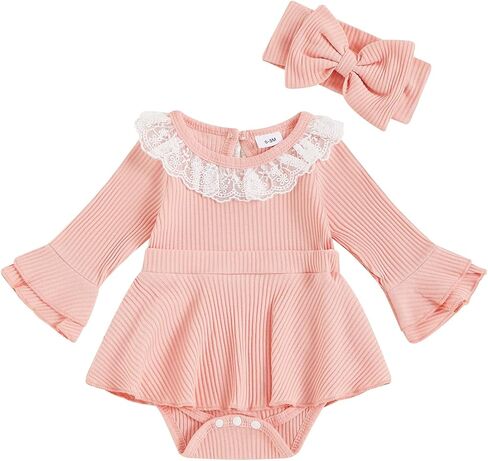 VISGOGO Infant Girl Rompers Dress Lace Ruffles Rib Knit Houndstooth Skirt Hem Jumpsuits Newborn Clothes Bodysuits Headband in Kuwait