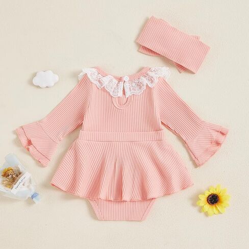 VISGOGO Infant Girl Rompers Dress Lace Ruffles Rib Knit Houndstooth Skirt Hem Jumpsuits Newborn Clothes Bodysuits Headband in Kuwait