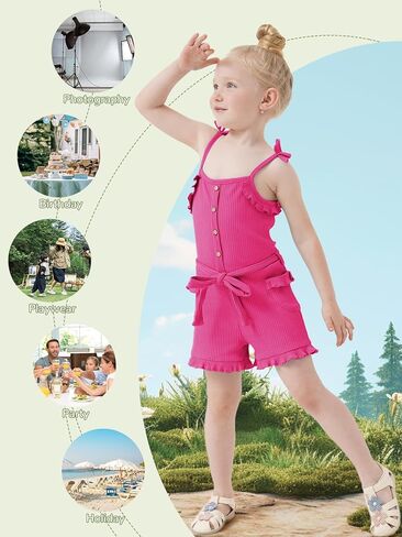 Miipat Toddler Girl Jumpsuit Sleeveless Ruffle One-Piece Romper Baby Girl Ribbed Knit Summer Clothes Button Belt Outfit 1-5T in Kuwait