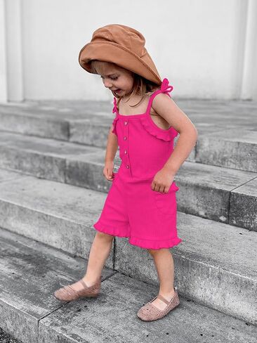 Miipat Toddler Girl Jumpsuit Sleeveless Ruffle One-Piece Romper Baby Girl Ribbed Knit Summer Clothes Button Belt Outfit 1-5T in Kuwait