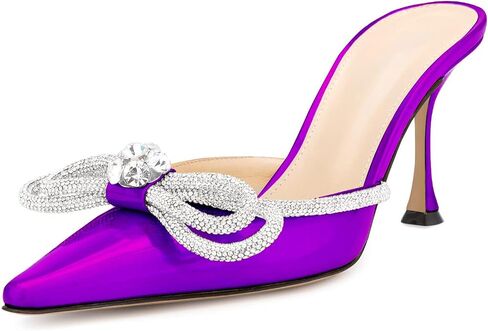 LauraVicci Women High Heeled Mules Rhinestone Embellished Crystal Double Bow Satin Sandals Pointy Toe Stiletto Shoes Summer Bridal Shoes in Saudi Arabia