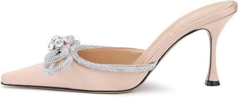 LauraVicci Women High Heeled Mules Rhinestone Embellished Crystal Double Bow Satin Sandals Pointy Toe Stiletto Shoes Summer Bridal Shoes in Saudi Arabia