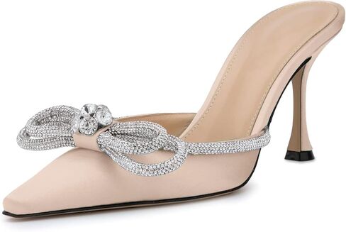 LauraVicci Women High Heeled Mules Rhinestone Embellished Crystal Double Bow Satin Sandals Pointy Toe Stiletto Shoes Summer Bridal Shoes in Saudi Arabia