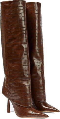 THESHY Women's Pointed Toe Leather Knee High Boots Stiletto High Heel Fold Over Boot Pull-on Shoes in Saudi Arabia