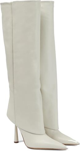 THESHY Women's Pointed Toe Leather Knee High Boots Stiletto High Heel Fold Over Boot Pull-on Shoes in Saudi Arabia