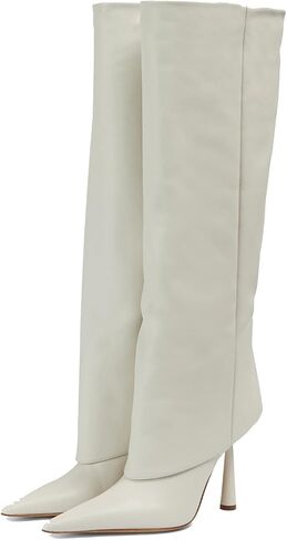 THESHY Women's Pointed Toe Leather Knee High Boots Stiletto High Heel Fold Over Boot Pull-on Shoes in Saudi Arabia