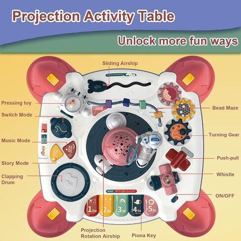 Toddler 2 in 1 Activity Table Center, Building Table for Kids, Early Learning Musical Toys for Infant, 6 to 12-36 Months Boys Girls Gifts, Universe Discovering Projection Busy Board Toy Red in Saudi Arabia