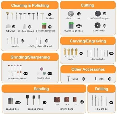 Rotary Tool Accessories Kit with Carrying Case for Cutting, Drilling, Grinding, Carving, Sanding, Sharpening and Polishing Description in Saudi Arabia