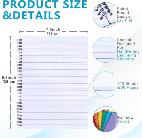 2 Pcs Primary Composition Notebook Spiral K-2 Writing Workbook Wide Ruled Paper Primary Journal 100 Sheets 9.8" x 7.5" Kindergarten Preschool Handwriting Notebook for Kids in Kuwait