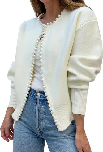 Kedera Womens Casual Cardigan Sweater Elegant Long Sleeve Oversized Pullover Knit Sweater with Pearls in Kuwait