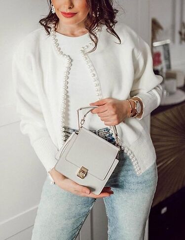 Kedera Womens Casual Cardigan Sweater Elegant Long Sleeve Oversized Pullover Knit Sweater with Pearls in Kuwait