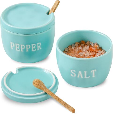 2 Pack Salt and Pepper Bowls Set, Ceramic Salt and Pepper Containers with Lid and Spoon, White Salt Pepper Holder Shakers Set, Salt Cellar Box Dish with Lid in Saudi Arabia