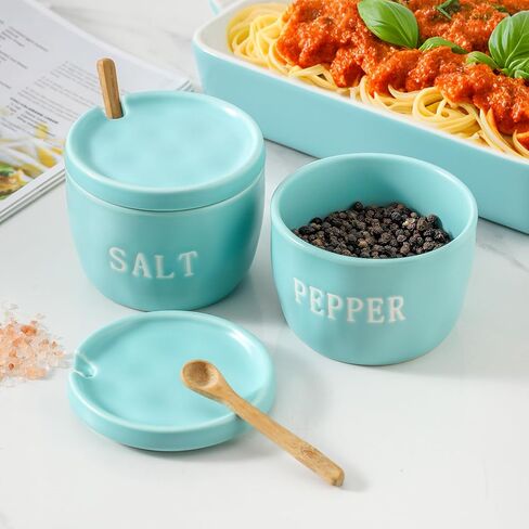2 Pack Salt and Pepper Bowls Set, Ceramic Salt and Pepper Containers with Lid and Spoon, White Salt Pepper Holder Shakers Set, Salt Cellar Box Dish with Lid in Saudi Arabia