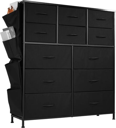 Elevon Tall Dresser for Bedroom with 12 Drawers, Wide Chest of Drawers with Side Pockets and Hooks, Fabric Dresser, Storage Organizer Unit with Steel Frame for Closet, Living Room, Hallway, Gray in Saudi Arabia