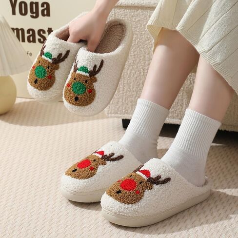 Christmas Slippers Reindeer Womens Mens Soft Plush Comfy Warm Fuzzy Slippers Red Moose Santa Claus Indoor Slip On House Slippers in Saudi Arabia