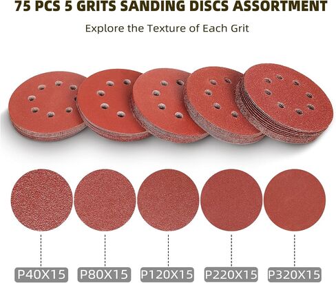 75 PCS 5 Inch 8 Hole Hook and Loop Sanding Discs, 75 PCS 40 80 120 220 320 Grits Sandpaper for Random Orbit Sander (Red) in Saudi Arabia