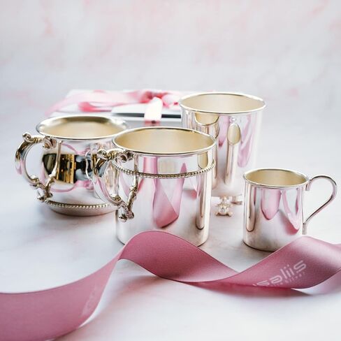 Sterling Silver Beaded Classic Cup with Victorian Handle - Elegant Engravable Personalized Cup Keepsake Gift - Made with Solid 925 Sterling Silver Material in Saudi Arabia