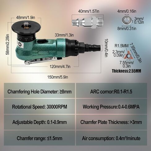 2 In 1 Air Chamfer Tool Deburring Tool, Green Mini Pneumatic Chamfering Machine 45 Degree Arc Corner Beveling Trimming Machine with Replace Blades (C+R Angle Blades) in Saudi Arabia